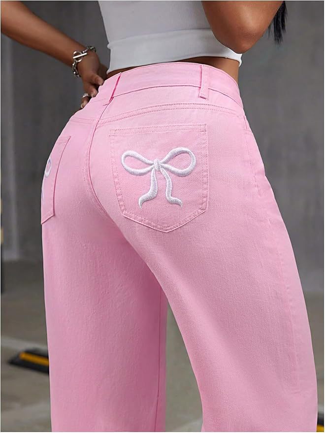 Women's High-Waist Bow Embroidered Straight Leg Jeans – Feminine Trendy Denim
