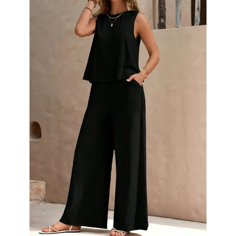 Women's Solid Color Vest & Wide-Leg Pants Two-Piece Set – Chic Summer Matching Outfit