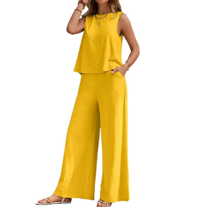 Women's Solid Color Vest & Wide-Leg Pants Two-Piece Set – Chic Summer Matching Outfit
