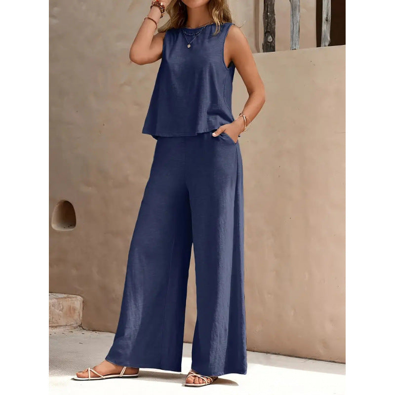 Women's Solid Color Vest & Wide-Leg Pants Two-Piece Set – Chic Summer Matching Outfit
