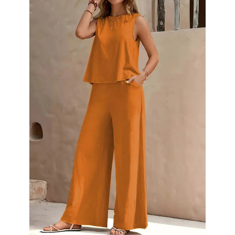 Women's Solid Color Vest & Wide-Leg Pants Two-Piece Set – Chic Summer Matching Outfit