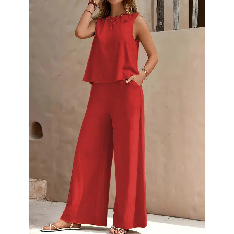 Women's Solid Color Vest & Wide-Leg Pants Two-Piece Set – Chic Summer Matching Outfit