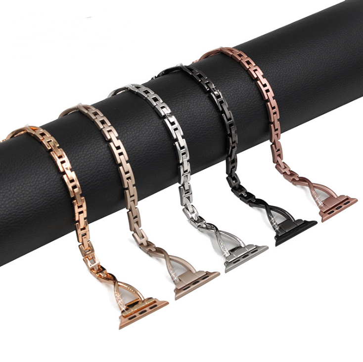 Diamond-Studded X-Type Stainless Steel Apple Watch Band – Luxury Style, Multiple Sizes