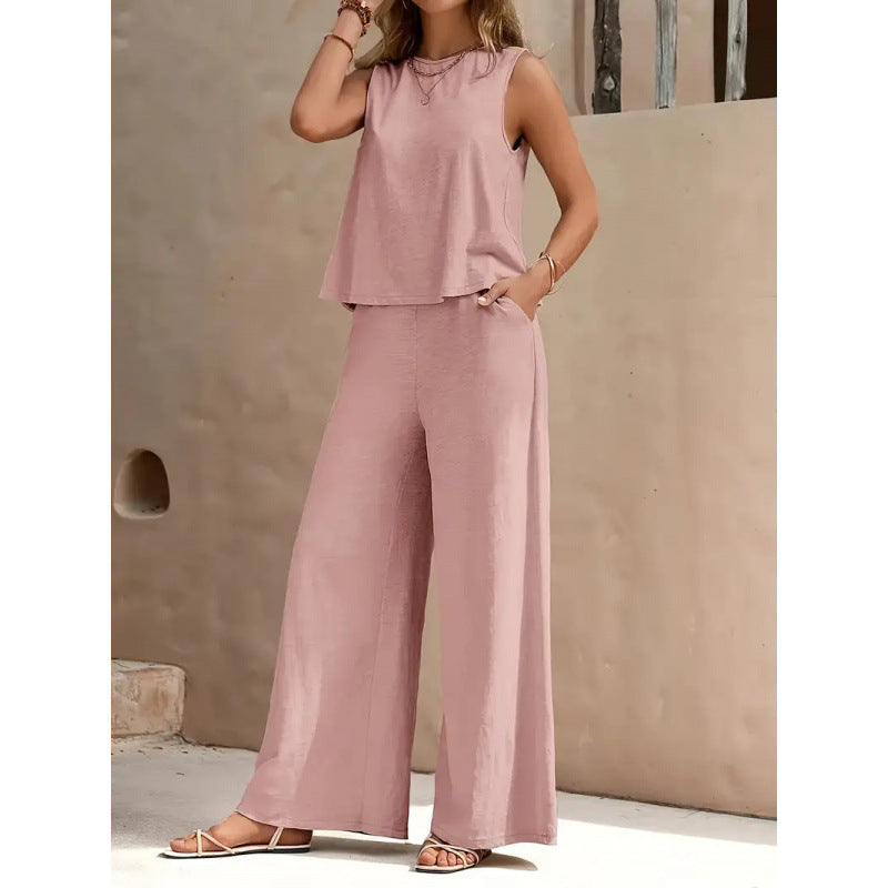 Women's Solid Color Vest & Wide-Leg Pants Two-Piece Set – Chic Summer Matching Outfit