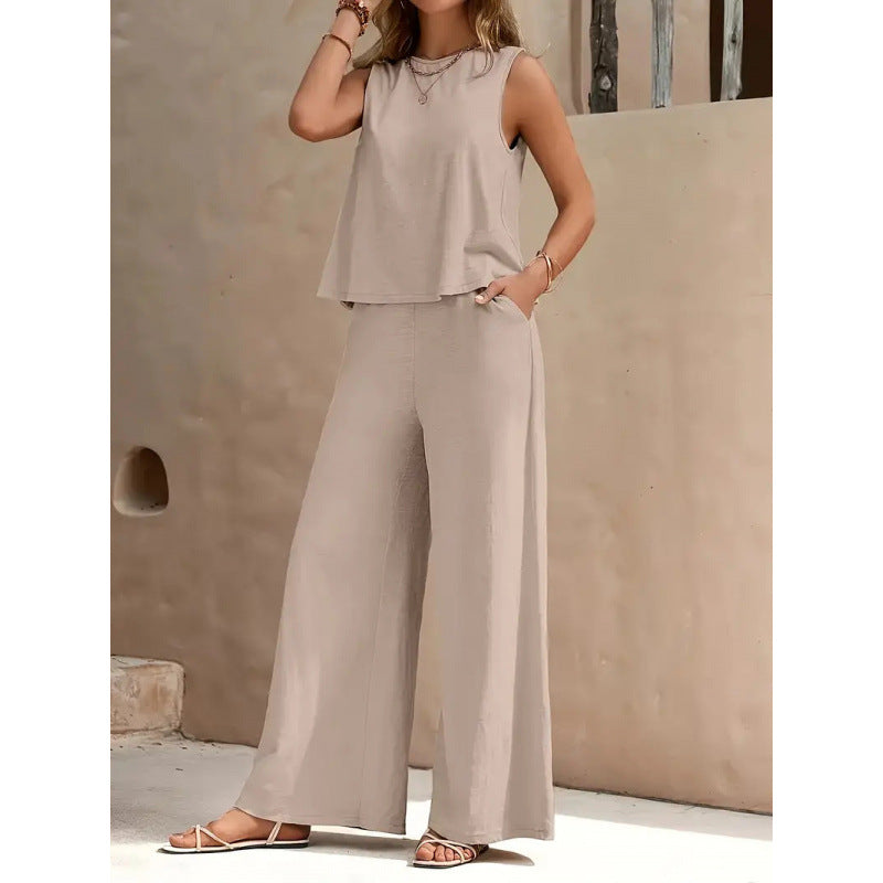 Women's Solid Color Vest & Wide-Leg Pants Two-Piece Set – Chic Summer Matching Outfit