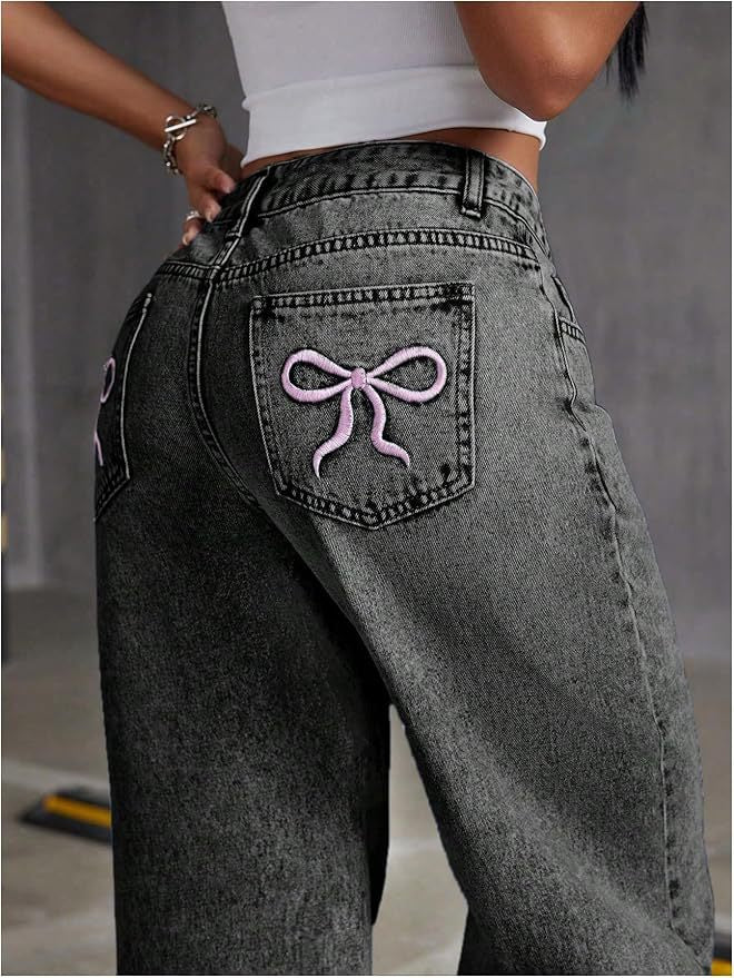 Women's High-Waist Bow Embroidered Straight Leg Jeans – Feminine Trendy Denim