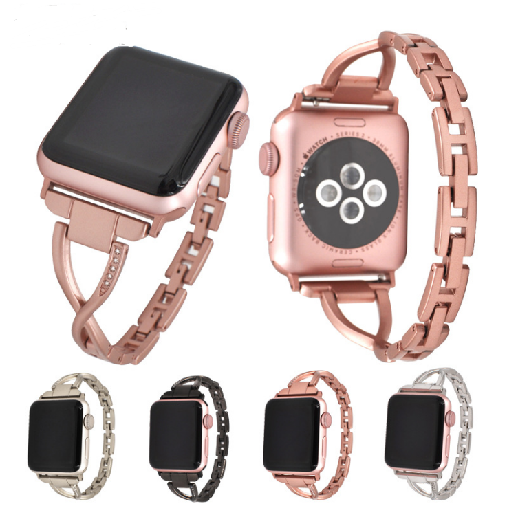Diamond-Studded X-Type Stainless Steel Apple Watch Band – Luxury Style, Multiple Sizes