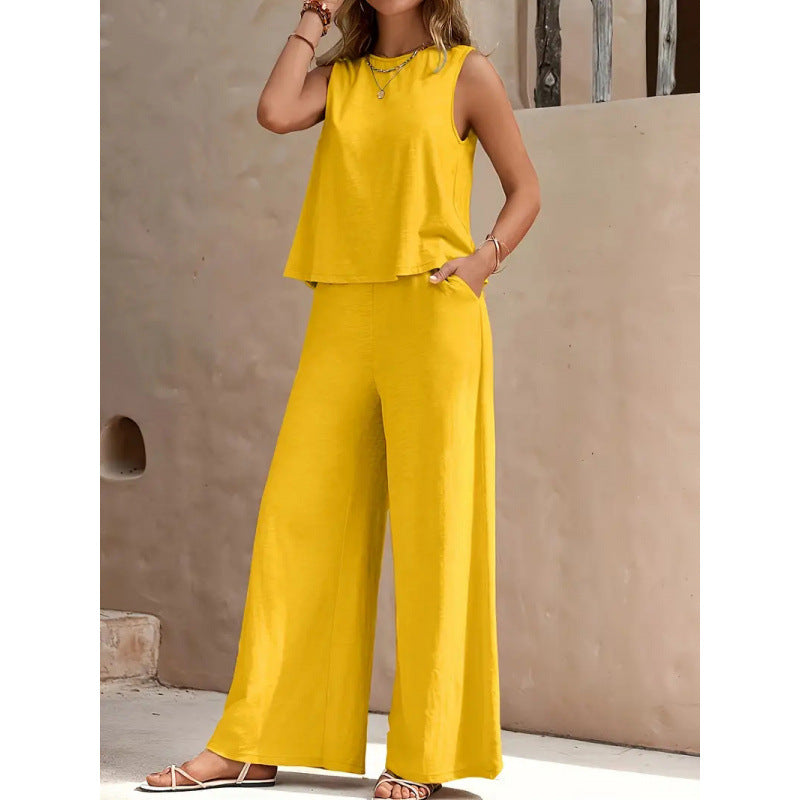 Women's Solid Color Vest & Wide-Leg Pants Two-Piece Set – Chic Summer Matching Outfit
