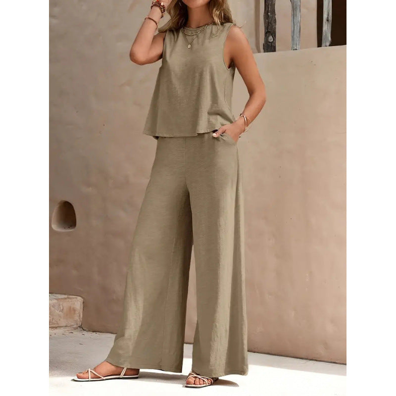 Women's Solid Color Vest & Wide-Leg Pants Two-Piece Set – Chic Summer Matching Outfit