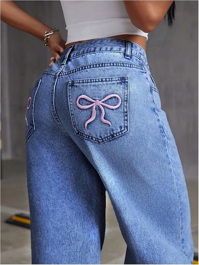 Women's High-Waist Bow Embroidered Straight Leg Jeans – Feminine Trendy Denim