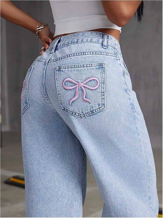 Women's High-Waist Bow Embroidered Straight Leg Jeans – Feminine Trendy Denim