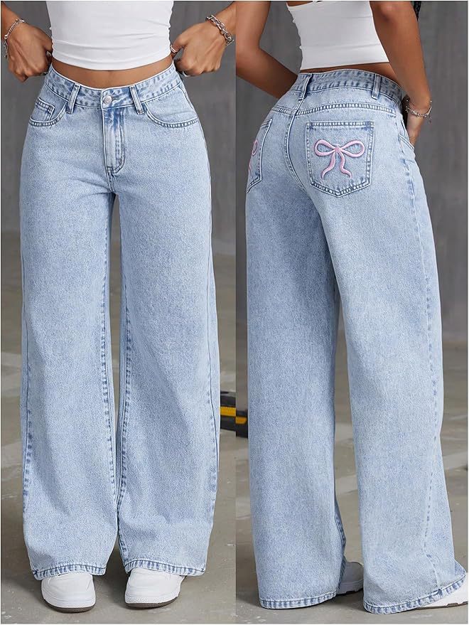 Women's High-Waist Bow Embroidered Straight Leg Jeans – Feminine Trendy Denim