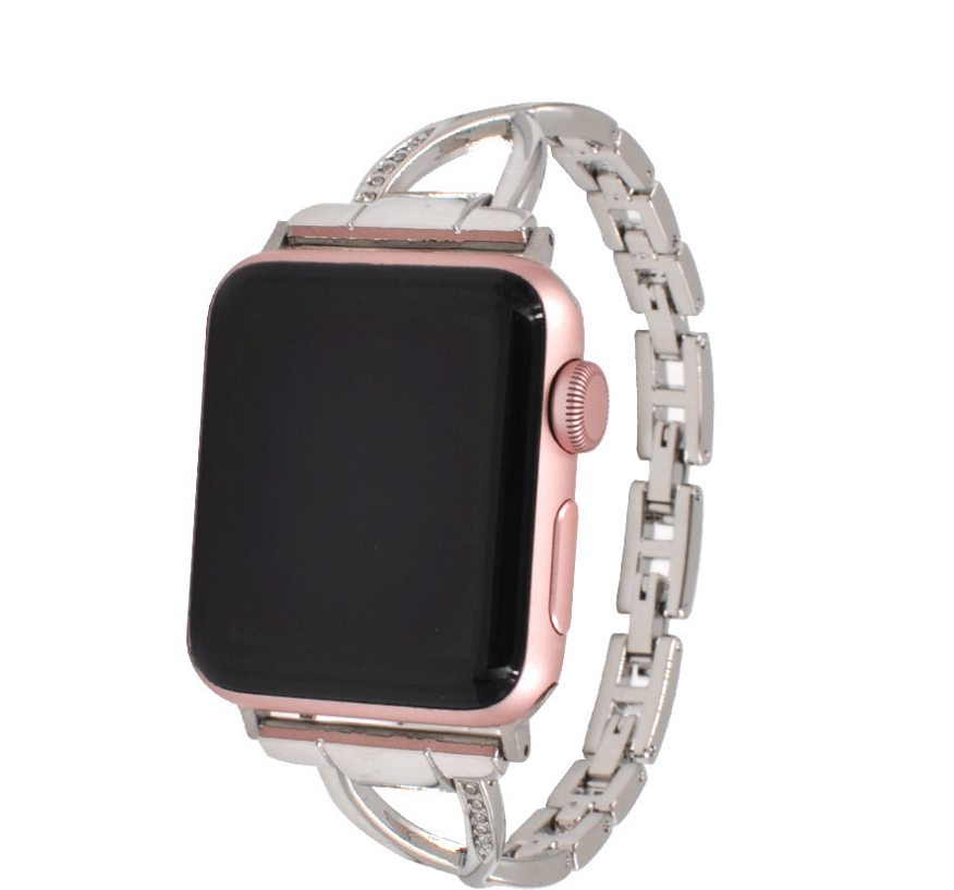 Diamond-Studded X-Type Stainless Steel Apple Watch Band – Luxury Style, Multiple Sizes