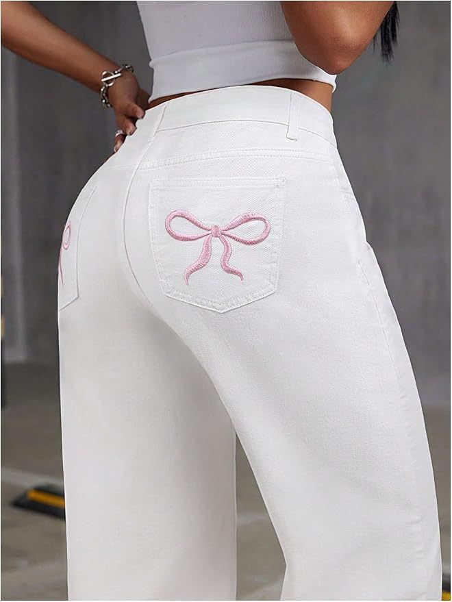 Women's High-Waist Bow Embroidered Straight Leg Jeans – Feminine Trendy Denim