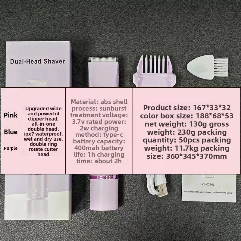 Double-Head USB Rechargeable Hair Removal Shaver – Silent, Waterproof, Full Body